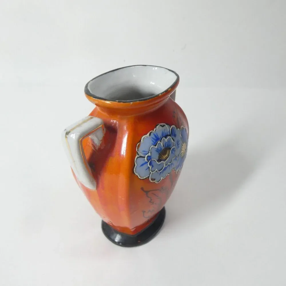 Orange Vase Blue Flowers Art Deco Japan Vintage Porcelain 3.75